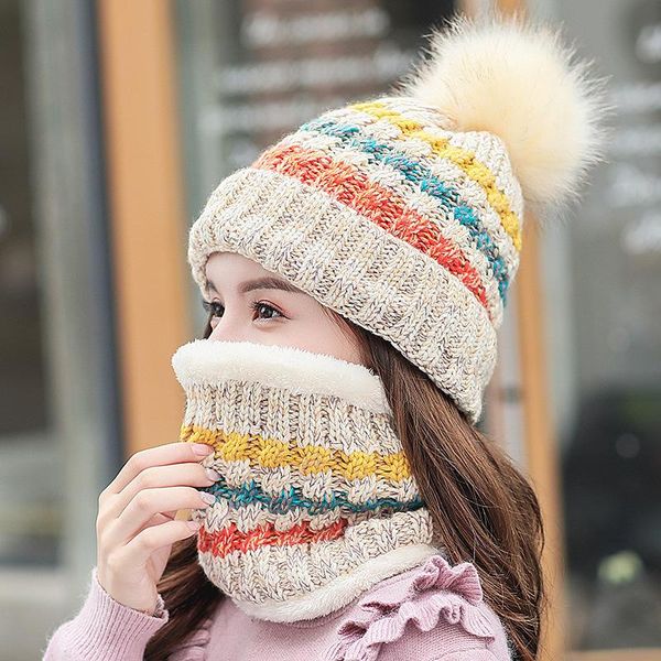 

wide brim hats female warm beanie hat riding snow caps winter women knitted scarf set hairball pom fashion wool thickening collars, Blue;gray
