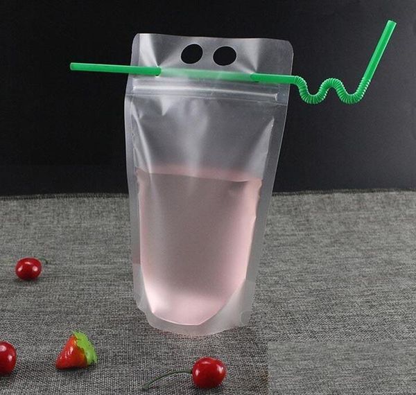 

17oz 500ml clear drink pouches bags frosted zipper stand-up plastic drinking bag with straw with holder recl sqccli ppshop01