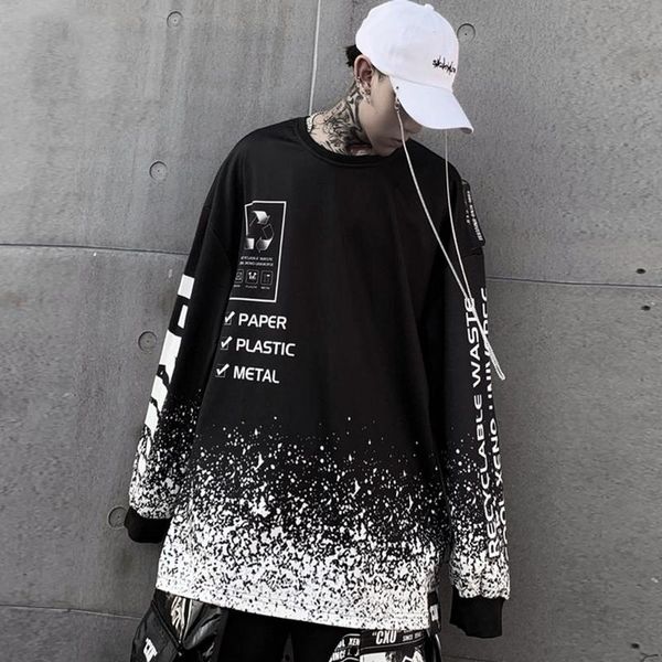 

autumn fragments print long sleeve tshirt cotton hip hop casual streetwear dark tshirts men/wemen, Black