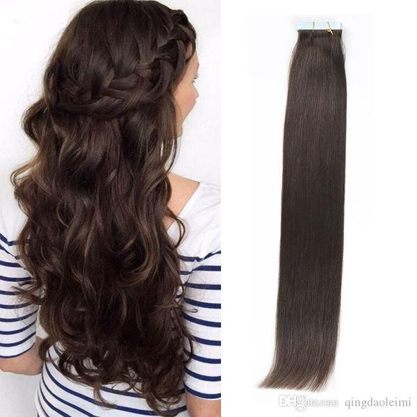 

tape in human hair extensions dark brown 16-24inch brazilian virgin human hair extension 20pcs pu skin weft silky straight 30-70g optional, Black