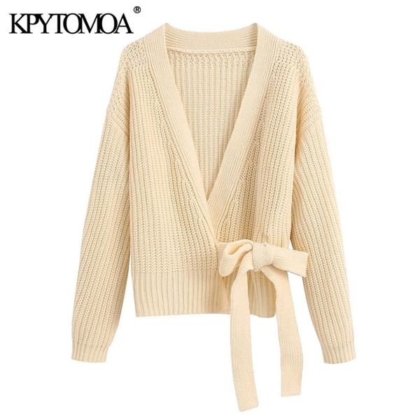 

kpytomoa women fashion with bow tied cropped knitted cardigan sweater vintage long sleeve wrap female outerwear chic y200915, White;black