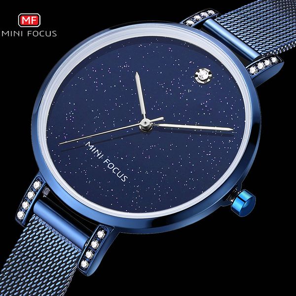 

minifocus brand luxury casual women watches quartz analog clock blue ultra thin mesh strap diamond dress ladies wristwatches, Slivery;brown