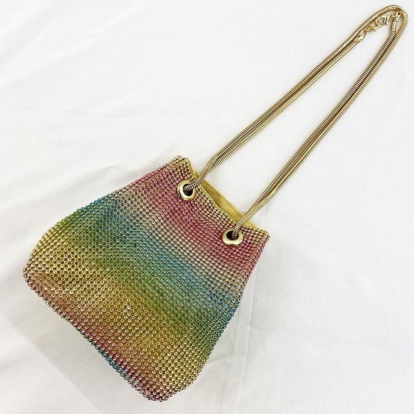 

2021 color water diamond dinner bag changing color bucket bag alloy chain drawstring diamond evening handbag women's cosmetic bags