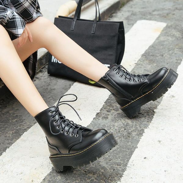 

fashion motorcycle boots wedges flat shoes woman high heel platform pu leather boots lace up women shoes ankle boots girls y200723, Black
