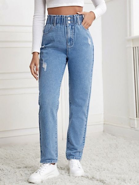 

high waist ripped straight leg jeans e0ys#, Blue