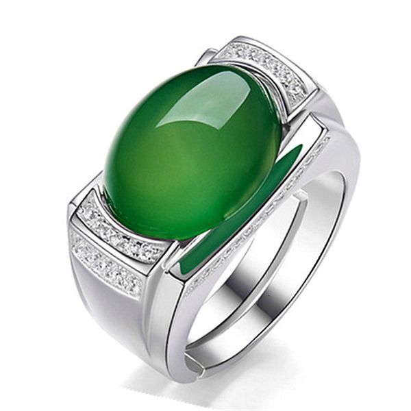 

national style domineering men's agate green chalcedony ring simple fashion, Silver