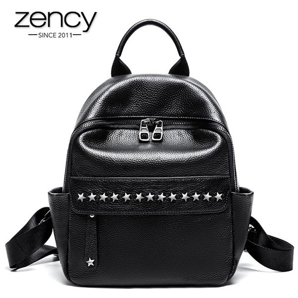 

zency 100% мягкая кожа натуральная кожа мода дизайнер женщины рюкзак классический черный knapsack заклепки дорожные сумки девочка школьная с