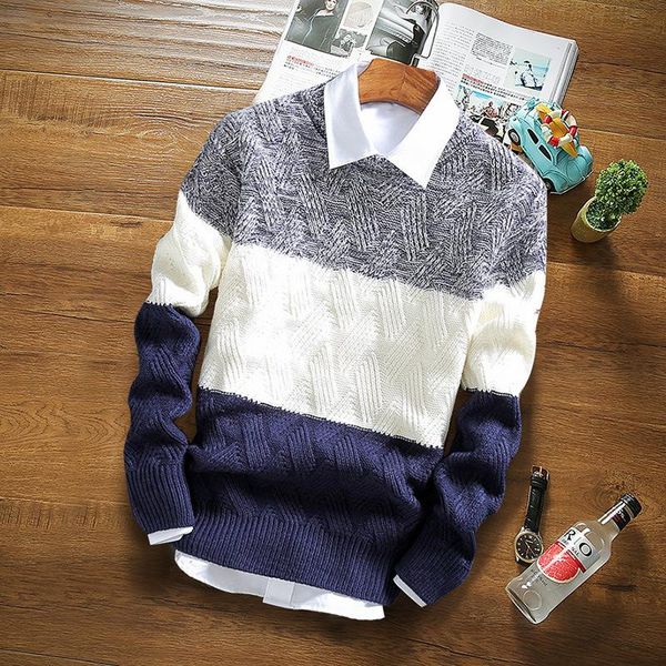 

men's sweaters spring autumn sweater round neck korean style youth pullovers knitwear jacket long sleeve color matching, White;black