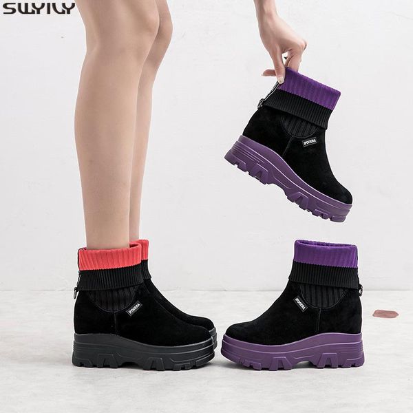 

swyivy casual shoes women slip on leather winter women boots 2020 autumn short plush snow ankle boots for height increased, Black