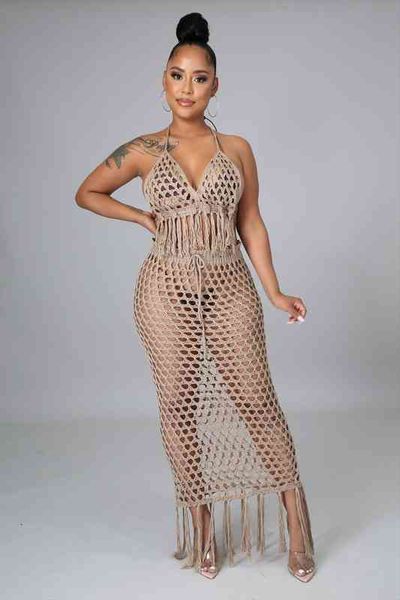 

rt women knitted set tassels two pieces set halter backless bra long skirt 2 crocheted crochet beach, Gray