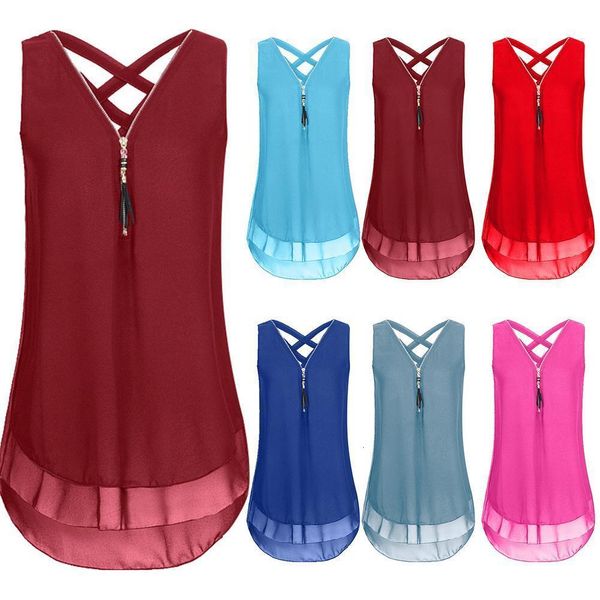 

plus size blouses women sleeveless blouses women solid color v neck chiffon zipper shirts blouse vest women shirts vests, White