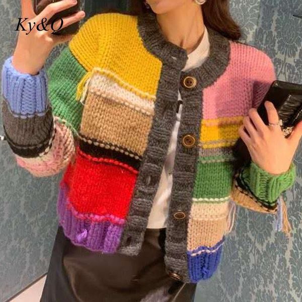 

women's knits & tees 2021 autumn winter contrast color rainbow sweater cardigan chic sweet temperament women thick warm knitted coat, White