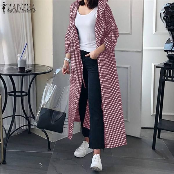 

autumn women hoodies thin coats zanzea stylish plaid checked jackets vintage hooded long outwear casual long sleeve windbreaker, Black;brown