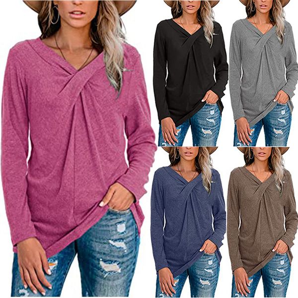 

women v neck tshirt long sleeve tie a knot casual t shirt female solid color tees, Black
