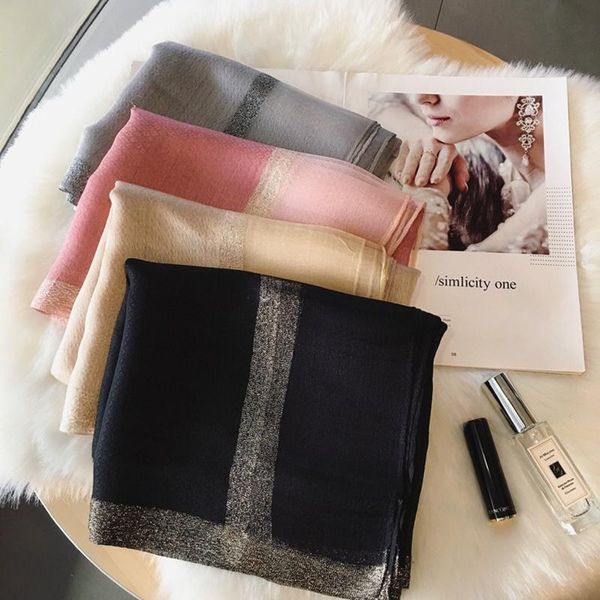 

scarves 2021 silk wool scarf women spring and summer water ripple gold line solid long female shawl hair hijab, Blue;gray