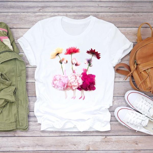 

womens t-shirts camisas mujer 90s girl cute floral ladies lady floral women print ladies t graphic female tee t-shirt, White