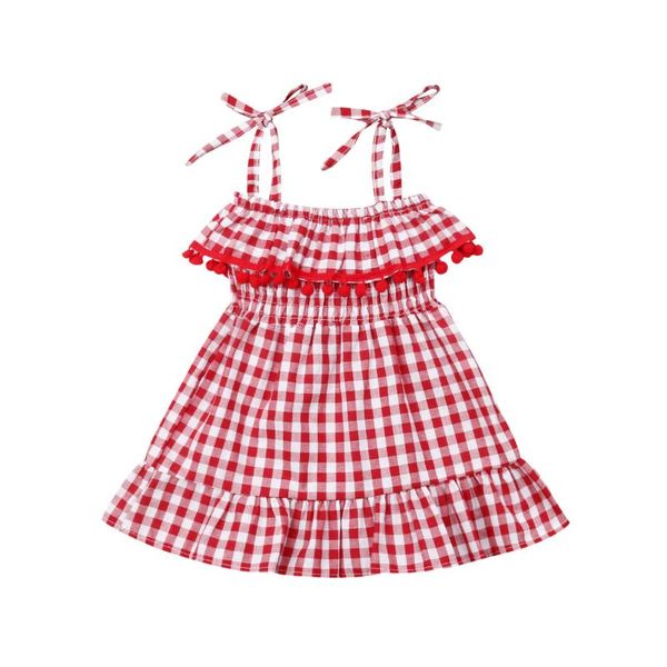 

girl's dresses 1-5years toddler baby kid girls dress summer sleeveless pom beach casual red plaid costumes, Red;yellow