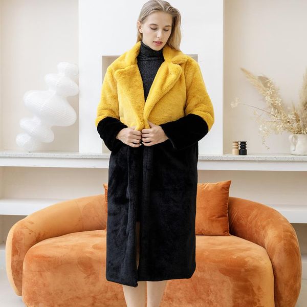 

women's fur & faux winter coat women luxury long jacket loose lapel overcoat thick warm plus size female plush, Black