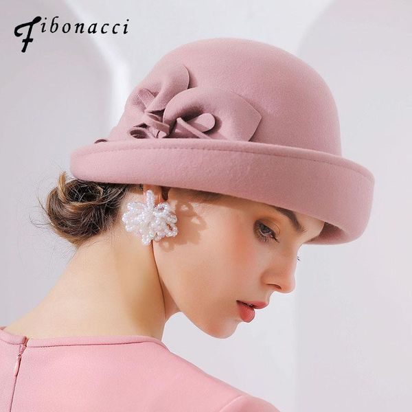 

fibonacci 2018 new brand quality flanging floral wool felt fedoras women's autumn winter hats dome elegant banquet fedora hat, Black;white