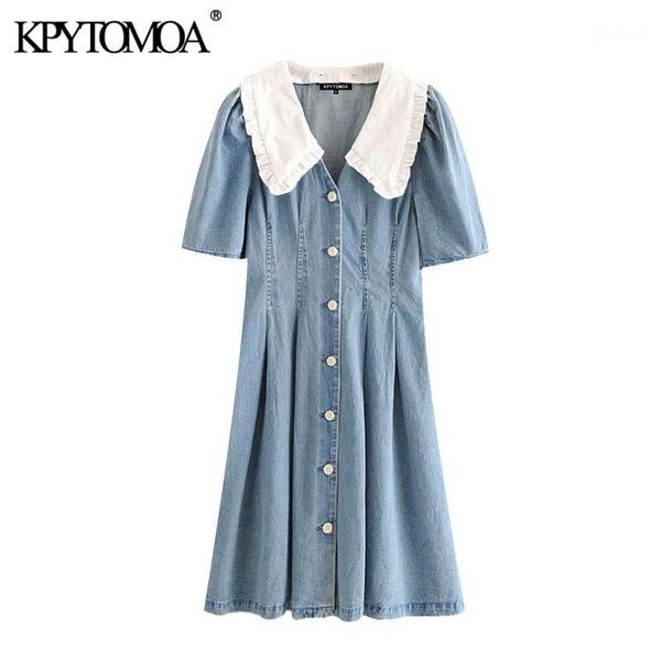 

kpytomoa women 2020 sweet fashion patchwork pleated denim dress vintage lapel collar puff sleeve female dresses vestidos mujer1, Black;gray