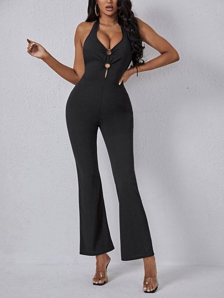 

sxy ring linked cut out backless flare leg halter jumpsuit k0l2#, White