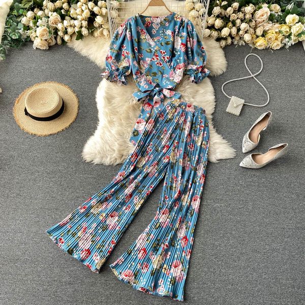 

2021 new female singiny summer floral bohemian neck puff short + high plissado long pants garments suit dh7g, Gray