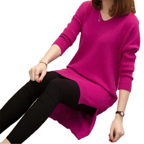 

plus size 4xl fashion women pullover sweater dress autumn winter loose v-neck knitted long sweater solid casual female pullovers1, White;black