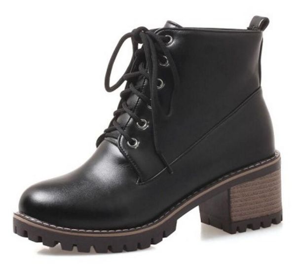 

boots ladies chaussure women lace up matin shoes woman zapatos mujer sapato ankle chunky high heels luxury leather pump xz181216, Black