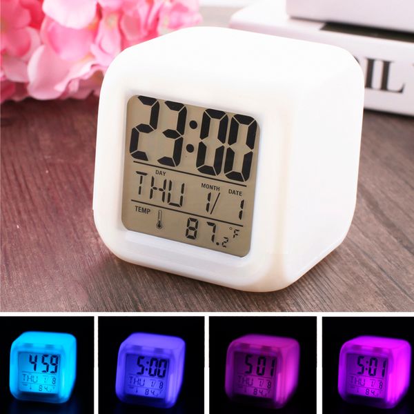 Sveglia a LED colorata Quadrata Orologio con luce notturna bianca Elettronica carina Orologi silenziosi Temperatura Data Ora Display digitale Regalo di Natale