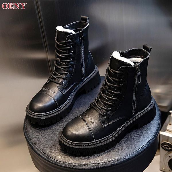 

верхний слой коровьей женские сапоги осенью зима 2021 середина трубки британский стиль короткие сапоги толстые пятки бархатные женщины, Black