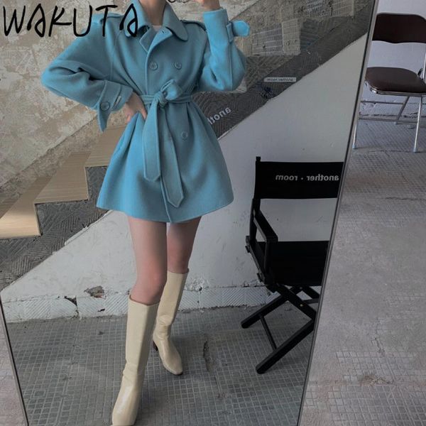 

wakuta korea women fall winter double breasted slim long wool coat ladies elegant sashes notched collar overcoat jacket vintage, Black