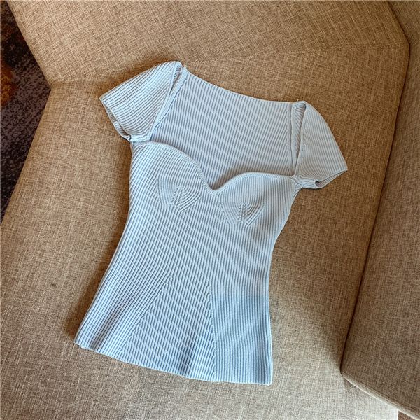 

2021 new summer square collar knitted shirts pure color short sleeve slim t shirt for women white tees wtnm