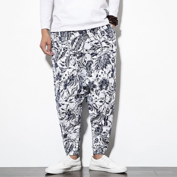 

new men's chinese style cotton and linen lantern casual pants male printing long pants trendy large size loose hip-hop pants lj201221, Black