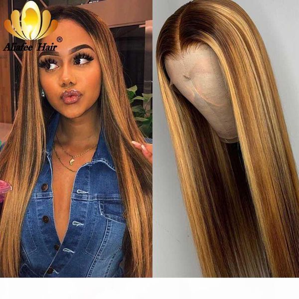 

aliafee transparent highlight straight colored wigs pre plucked lace front human hair wigs ombre t part wig for black women, Black;brown