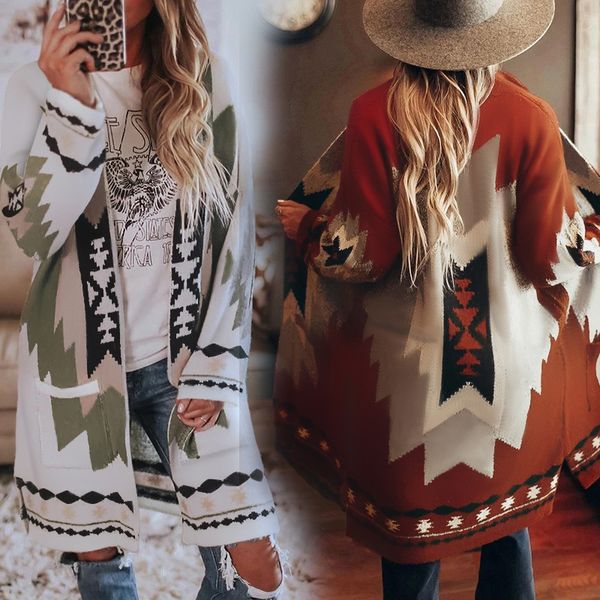 

2020european and american autumn and winter new women's long-sleeved printed cardigan coat woolen coat, Black