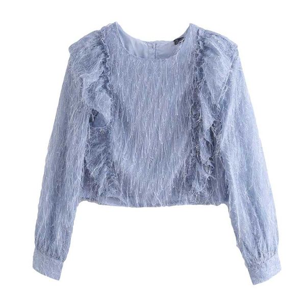 

elegant women blue faux fur shirts 2021 fashion ladies o-neck ruffles sweet female streetwear button blouse chic girl shir, White