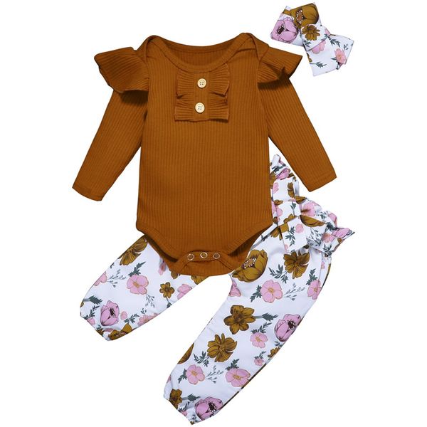 

baby girls cartoon sets infant solid rompers ruffle onesies elastic lace floral pants toddler trousers headband kids casual outfits 061119, White