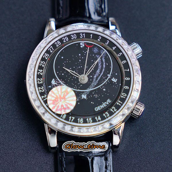 

jhf version diamond inlay bezel 6104g-001 starry sky black dial pearl tuo automatic mens watch silver steel case leather sport watches, Slivery;brown