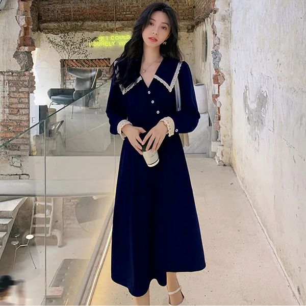 

2021 new elegant doll collar korean designer lace women long sleeve maxi winter undefined one-piece lady casual office dress 0x6z, Black;gray