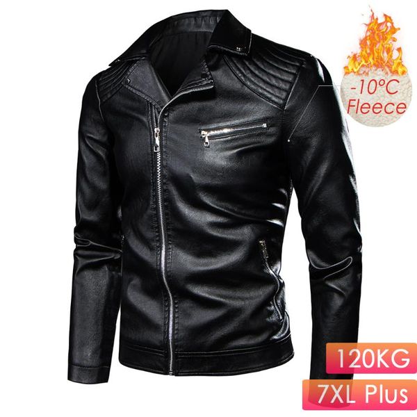 

men's fur & faux 7xl plus men 2021 winter motor biker vintage casual fleece leather jacket coat autumn design rivet pockets jackets, Black