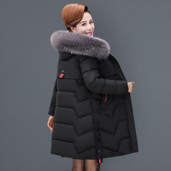 

middle age clothing new warm cotton clothing coat large size 5xl womens winter jacket with hat fur collar down cotton, Black