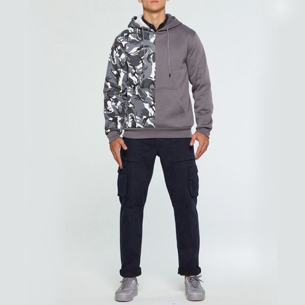 

autumn and winter new camouflage stitching color contrast sweater street sports casual hooded men's clothing, Gray