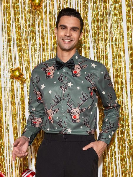 

men christmas elk & star print shirt without bow r2av#, White;black