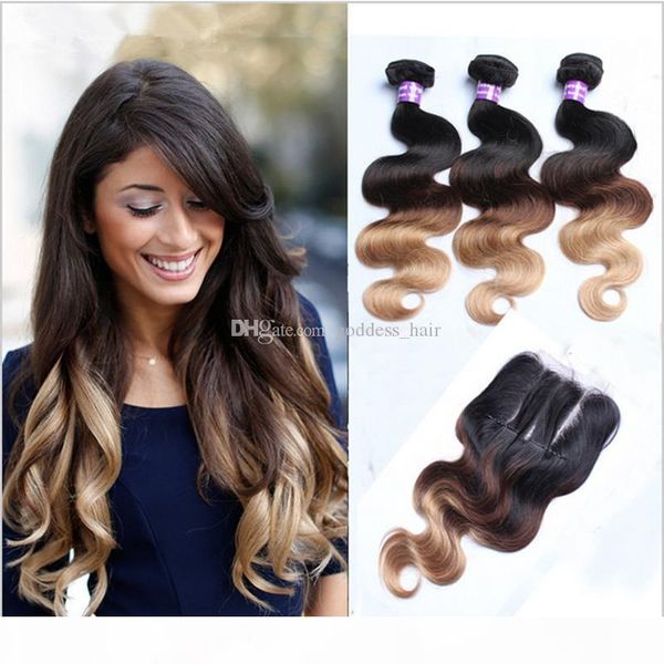 

9а ombre extensions волос # 1b-27 honey blonde ombre человеческих волос с кружевом закрытие 4шта много three tone body wave волос, Black