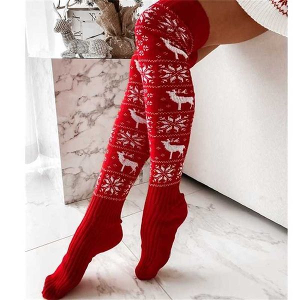 Длинные вязаные чулки рождества для девочек Женские зимние вязаные носки бедра высоко на колене 211221