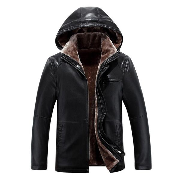 

2020 men leather jacket faux sheepskin coat winter leather jacket fur lined coat detachable hood pu, Black