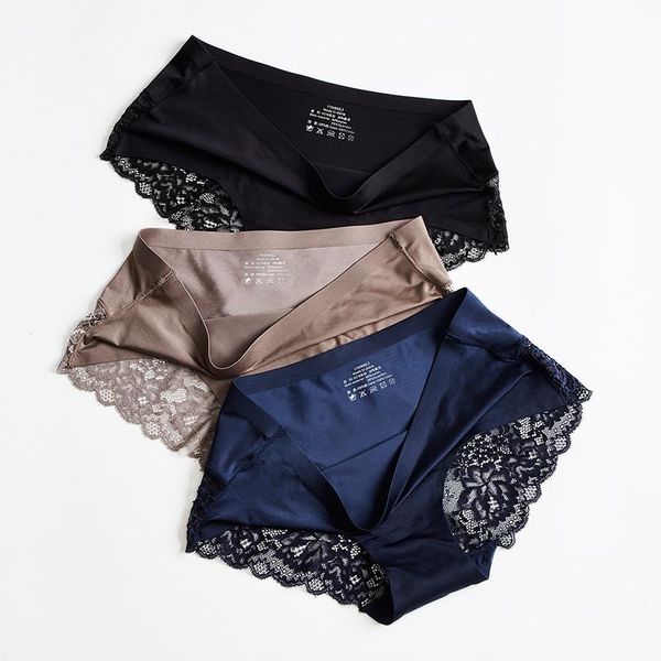 

women's panties girls seamless lace silky women ice silk comfortable lingerie plus size low rise briefs lady soft solid underpants, Black;pink