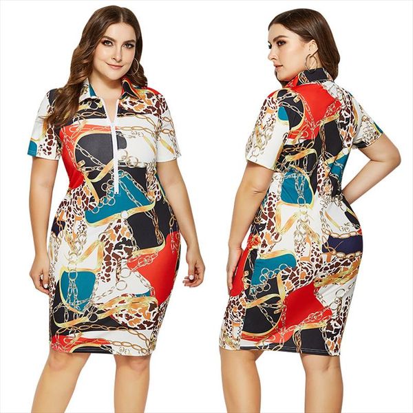 

2021 brand new women summer dress vestidos print casual straight 5xl knee length plus size polo office dresses, Black;gray