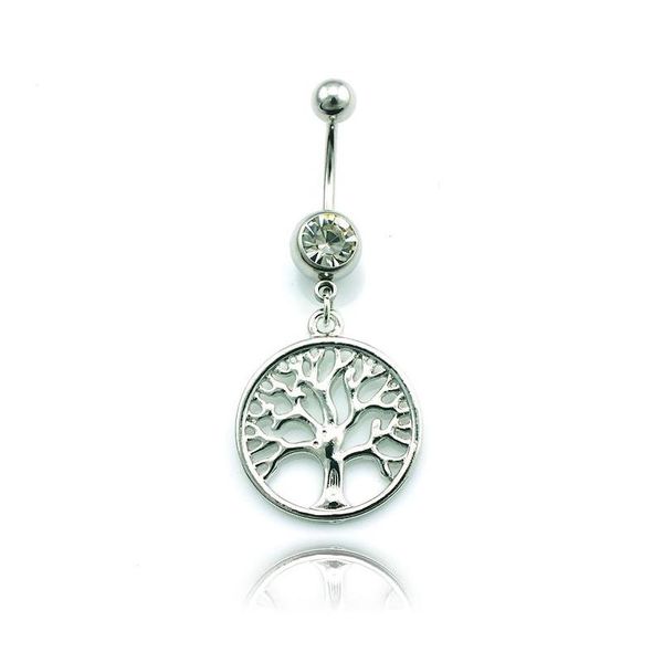 

fashion belly button ring stainless steel barbell dangle tree of live charms navel body piercing jewelry fbbda, Silver