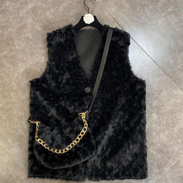 

deat 2020 autumn winter women new v-neck sleeveless hairy fur single button chain bag two piece vest rc2341, Black;white